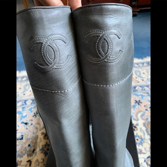 CHANEL Shoes Authentic Chanel Women Tall Grey Leather Riding Boots